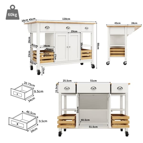 Central Kitchen Island - Vaunu ulosvedettävällä tarjottimella - 3 laatikkoa ja 2 ovea - valkoinen