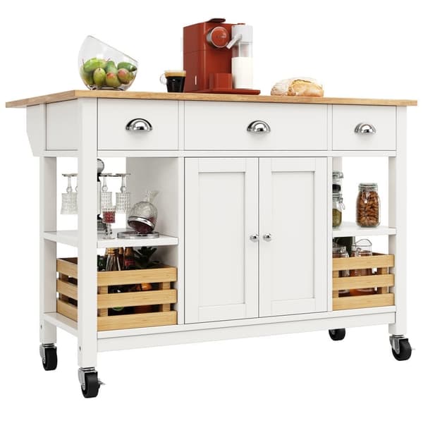Central Kitchen Island - Vaunu ulosvedettävällä tarjottimella - 3 laatikkoa ja 2 ovea - valkoinen