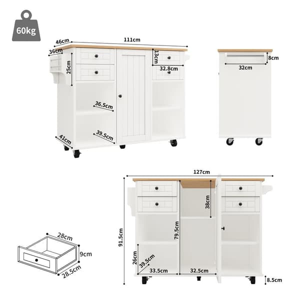 Siirrettävä keskuskeittiö 1 ovella ja 4 laatikolla - 111x46x91,5 cm - puu MDF - valkoinen ja luonnonvärinen