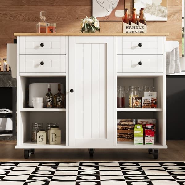 Siirrettävä keskuskeittiö 1 ovella ja 4 laatikolla - 111x46x91,5 cm - puu MDF - valkoinen ja luonnonvärinen