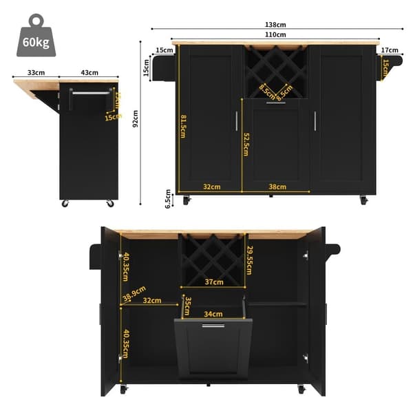 Central Kitchen Island - Vaunu ulosvedettävällä tarjottimella - 2 ovea ja viiniteline - musta