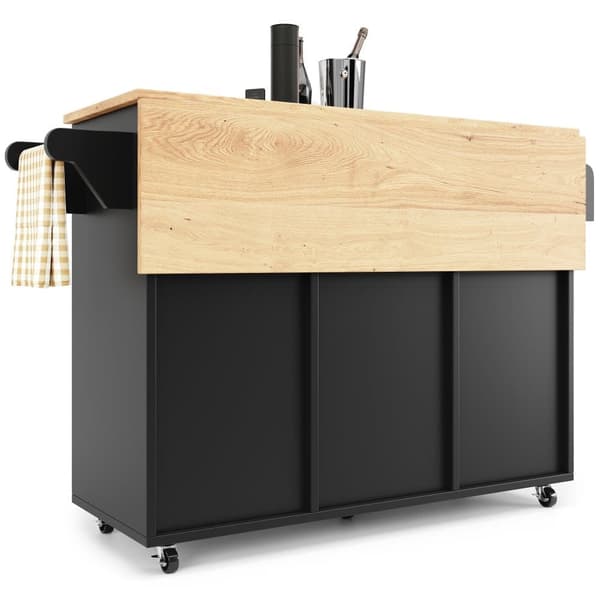 Central Kitchen Island - Vaunu ulosvedettävällä tarjottimella - 2 ovea ja viiniteline - musta