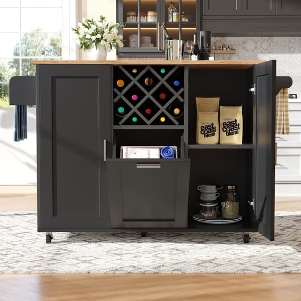 Central Kitchen Island - Vaunu ulosvedettävällä tarjottimella - 2 ovea ja viiniteline - musta