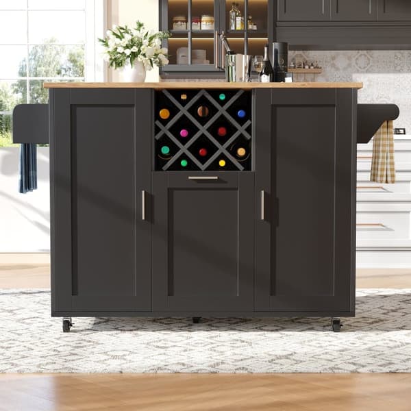 Central Kitchen Island - Vaunu ulosvedettävällä tarjottimella - 2 ovea ja viiniteline - musta
