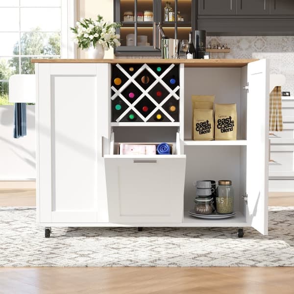 Central Kitchen Island - Trolley med udtræksbakke - 2 døre og vinreol - hvid