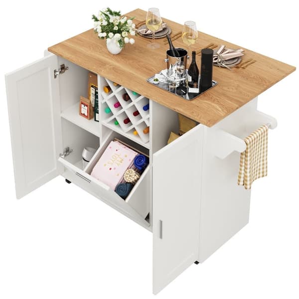 Central Kitchen Island - Trolley med udtræksbakke - 2 døre og vinreol - hvid
