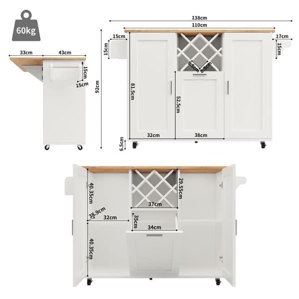 Central Kitchen Island - Trolley med udtræksbakke - 2 døre og vinreol - hvid
