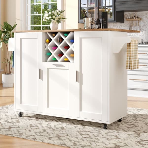 Central Kitchen Island - Trolley med udtræksbakke - 2 døre og vinreol - hvid