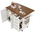 Miniatyrbillede 5 af 7: Hvid køkkenvogn med skæve stribede skabslåger, Aftagelig spisevogn med håndklædestativ og krydderihylde, Justerbar skillevæg, Køkkenbuffet