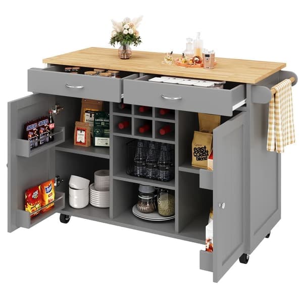 Grå moderne køkkenø, køkkenskabe, buffetskabe, wood grain food truck, multifunktionelt spisebord med opbevaring