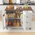 Miniatyrbillede 6 af 8: Hvid minimalistisk køkkenø, servicevogn med udtrækkelig bordplade, spisevogn med trækorn, to-dørs spisevogn med tre skuffer