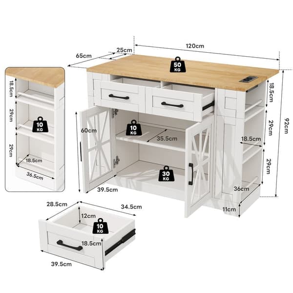 120 cm portabel köksö med fällbart bord, öppna hyllor, USB-port, glasdörr, justerbar laminat, hjul med bromsar