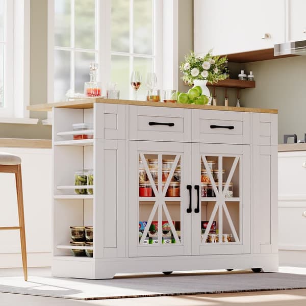 120 cm portabel köksö med fällbart bord, öppna hyllor, USB-port, glasdörr, justerbar laminat, hjul med bromsar