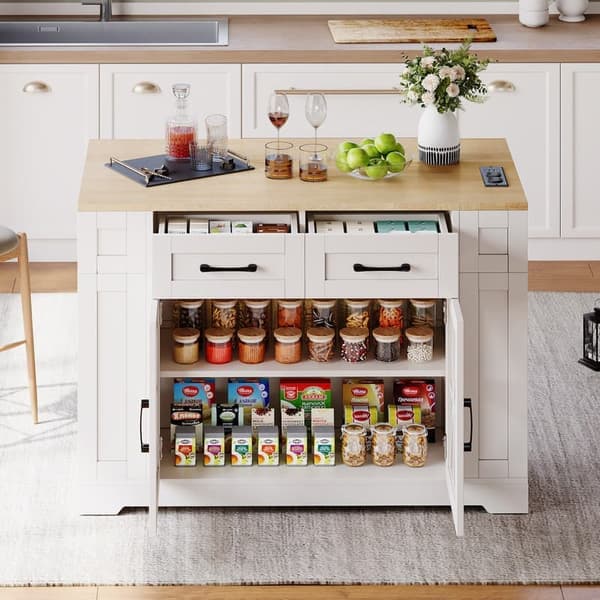 120 cm portabel köksö med fällbart bord, öppna hyllor, USB-port, glasdörr, justerbar laminat, hjul med bromsar