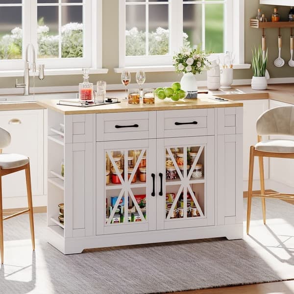 120 cm portabel köksö med fällbart bord, öppna hyllor, USB-port, glasdörr, justerbar laminat, hjul med bromsar