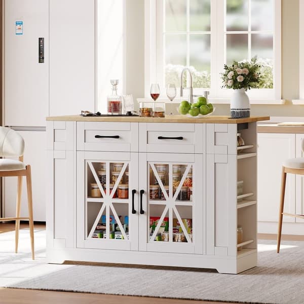 120 cm portabel köksö med fällbart bord, öppna hyllor, USB-port, glasdörr, justerbar laminat, hjul med bromsar