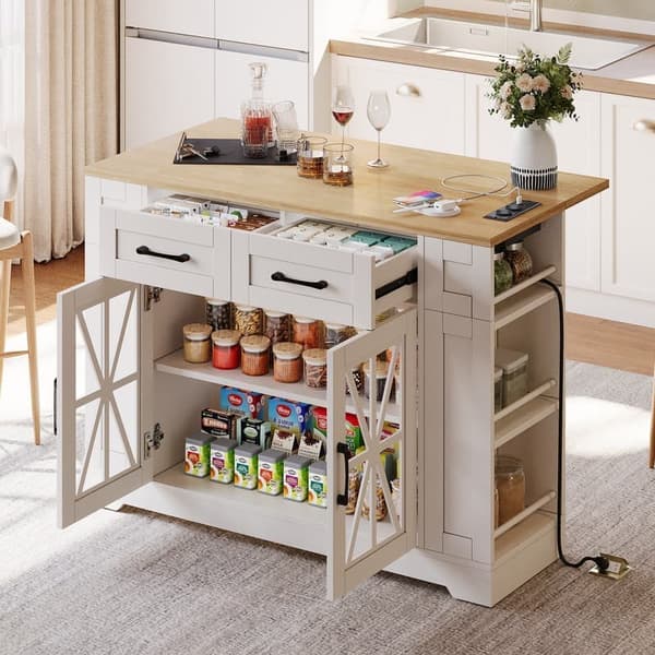 120 cm portabel köksö med fällbart bord, öppna hyllor, USB-port, glasdörr, justerbar laminat, hjul med bromsar