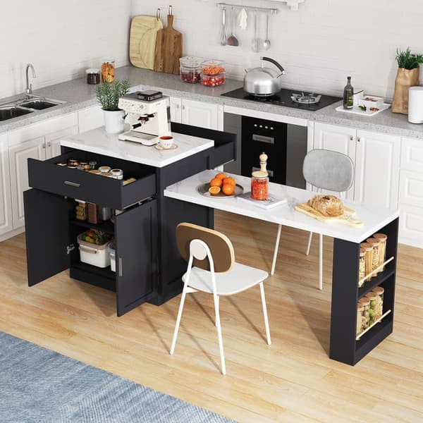 Svart modern köksö med utdragbart matbord för 4-6 personer, eluttag, förvaringsskåp, 2 lådor, 2 hyllor med sidoöppning