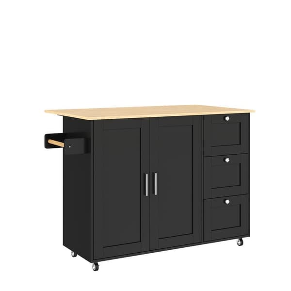 Musta minimalistinen keittiösaareke, tammitaso, taitettava muotoilu, monitoimikaappi, 3 laatikkoa, pyyheteline, sopii ruokailuun