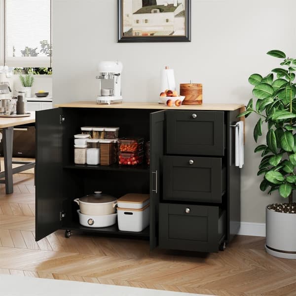 Svart minimalistisk köksö, bänkskiva i ek, hopfällbar design, multifunktionellt skåp, 3 lådor, handdukshängare, lämplig för middagar