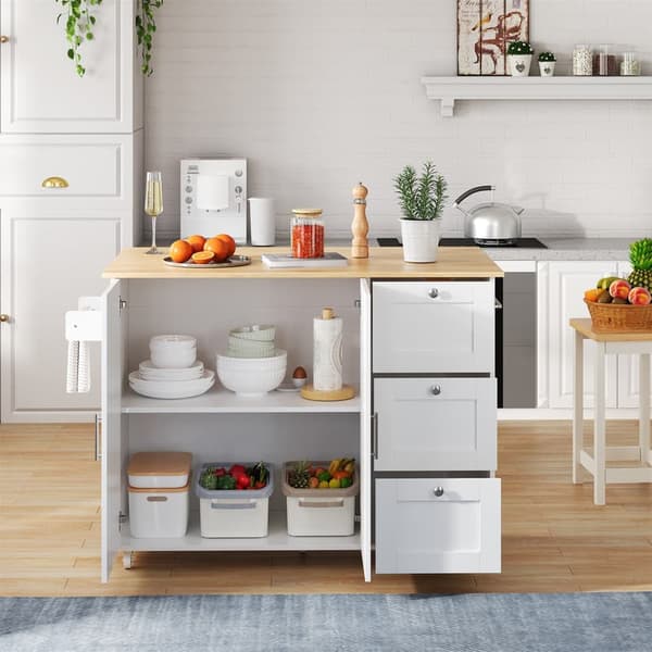 Valkoinen minimalistinen keittiösaareke, tammitaso, taitettava malli, monitoimikaappi, 3 laatikkoa, pyyhekuivain, sopii ruokailutilaan