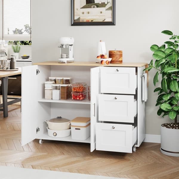 Valkoinen minimalistinen keittiösaareke, tammitaso, taitettava malli, monitoimikaappi, 3 laatikkoa, pyyhekuivain, sopii ruokailutilaan