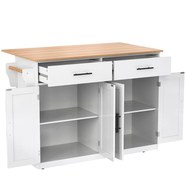 Vit minimalistisk köksö, serveringsvagn med hopfällbar bänkskiva, med hjul och utbytbara träben, lämplig för matsal