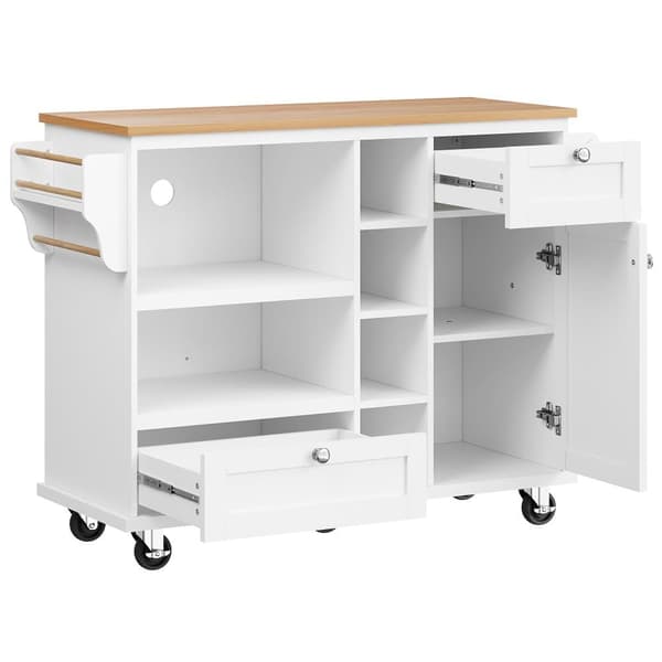 Serveringsvagn 129x46x92 cm – modern vit köksvagn med lådor, skåp och ljus träskiva, mobil för moderna hem
