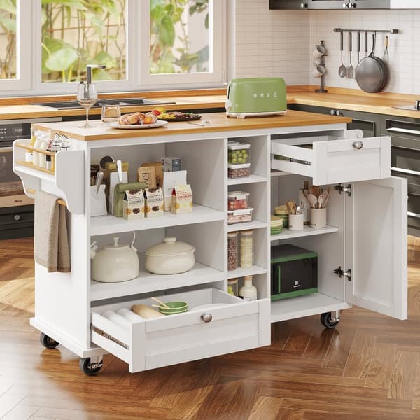 Serveringsvagn 129x46x92 cm – modern vit köksvagn med lådor, skåp och ljus träskiva, mobil för moderna hem