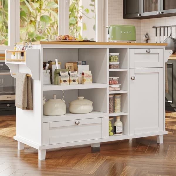 Serveringsvagn 129x46x92 cm – modern vit köksvagn med lådor, skåp och ljus träskiva, mobil för moderna hem