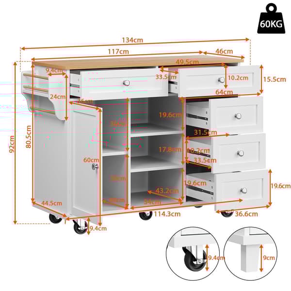 Mobil central köksenhet - 5 lådor och 5 fack - MDF - Vit