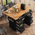 Miniatyrbillede 3 af 9: Moderne køkkenø med arbejdsflade, udtræksvogn med hjul, sort serveringsvogn med krydderihylde og 8 skuffer