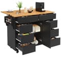 Miniatyrbillede 6 af 9: Moderne køkkenø med arbejdsflade, udtræksvogn med hjul, sort serveringsvogn med krydderihylde og 8 skuffer
