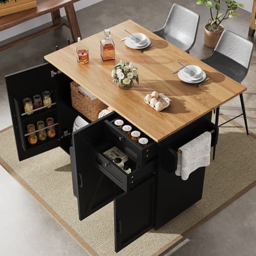 Modern köksö med förvaringsskåp, buffé med träfinish, multifunktionellt matbord med förvaring och snackregal – Svart