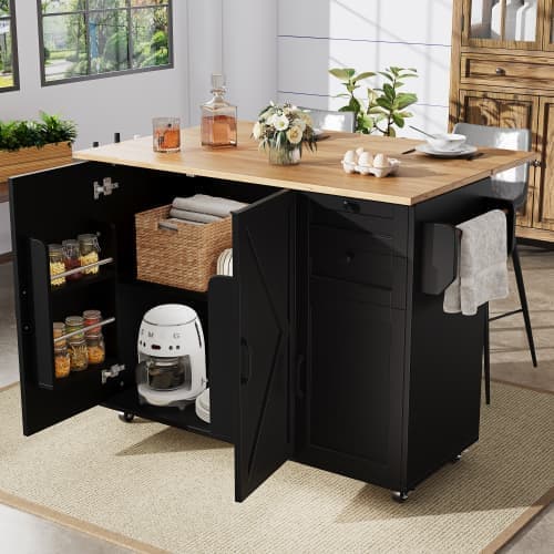 Modern köksö med förvaringsskåp, buffé med träfinish, multifunktionellt matbord med förvaring och snackregal – Svart