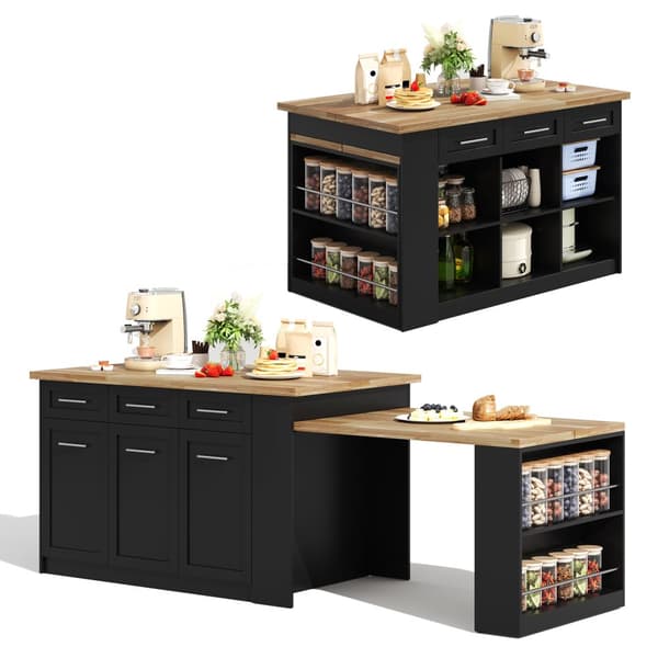 Multifunktionell Köksö 150x96 cm med Utdragbart Matbord, Laminat Arbetsyta och Inbyggda Förvaringsskåp, Svart