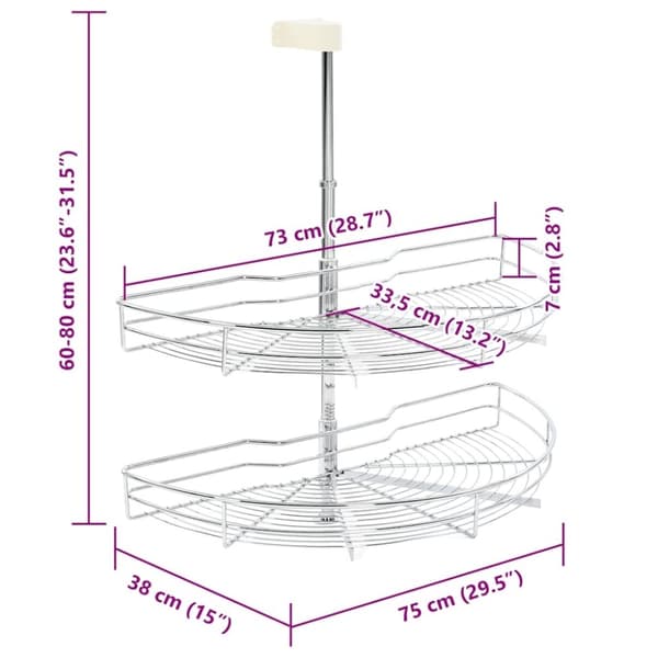 vidaXL køkkenkurv i trådnet 2 niveauer 180grader 75x38x80cm sølvfarvet