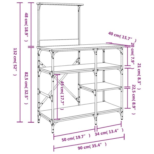 vidaXL Bakehylle sonoma eik 90x40x132 cm konstruert tre og metall