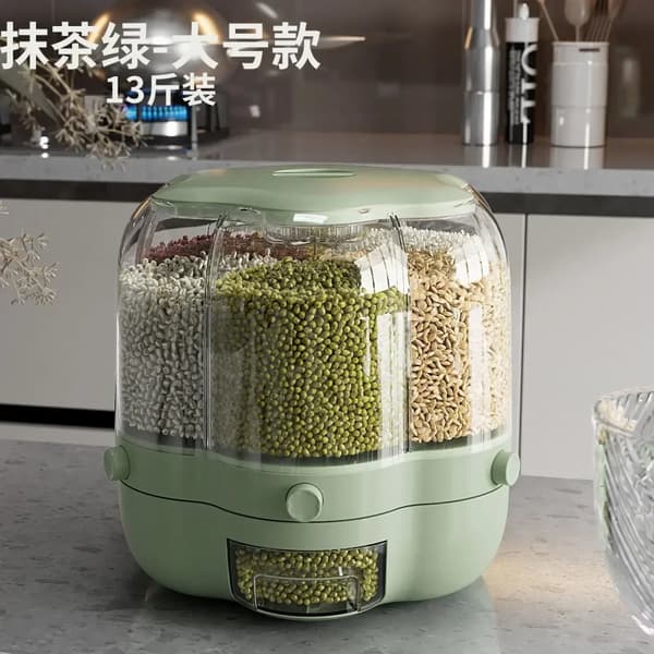 Roterande spannmålsdispenser, förseglad behållare, 360-graders roterbar,6.5kg-Ljusgrön