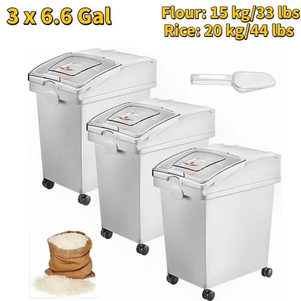 Keittiön ainesäilytyslaatikko, monipuolinen tilavuus 6,6 ja 10,5 gal, sisältää kauhan, helppo liikuteltavuus,3 x 6,6 Gallon