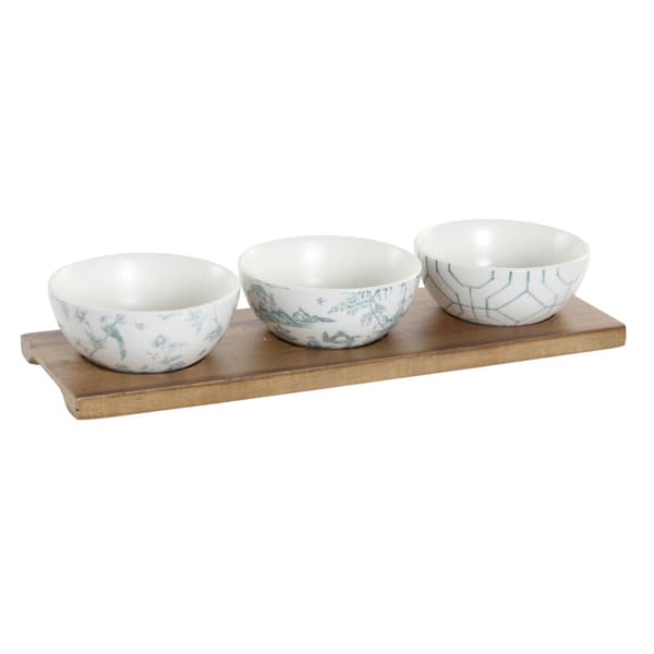 Forrettsett DKD Home Decor Hvit Marineblå Porselen Akasia Plast Orientalsk 4 Deler 30 x 9,5 x 1,3 cm