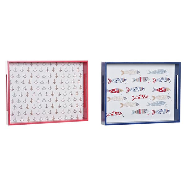 Snacksbricka DKD Home Decor Blå Korall Trä MDF Medelhavs 40 x 30 x 5 cm (2 antal)