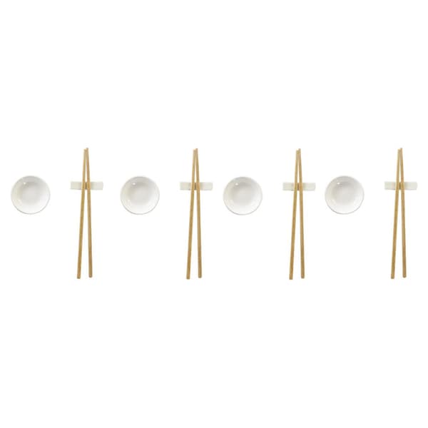 Sushisett DKD Home Decor Bambus Steintøy Hvit Naturell Orientalsk 27,3 x 20,3 x 2,5 cm (12 enheter)
