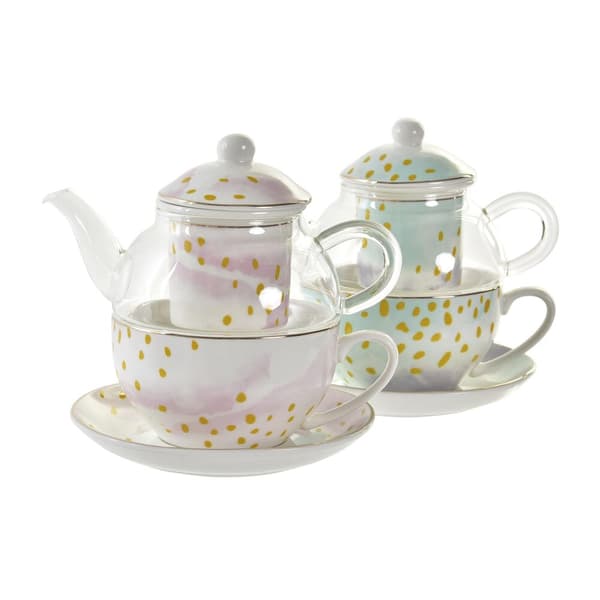 Tekande DKD Home Decor Krystal Porcelæn Pink Gennemsigtig Hvid Grøn (2 enheder)