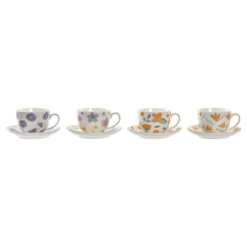 Set med kaffekoppar DKD Home Decor Virágok Porslin Multicolour (220 ml) (4 antal)