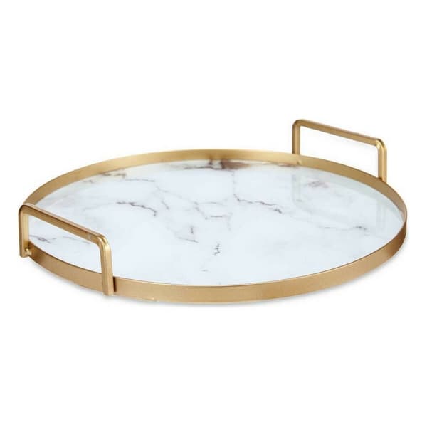 Bricka Marmor Med handtag Gyllene Metall Vit Glas (25 x 4 x 25 cm)