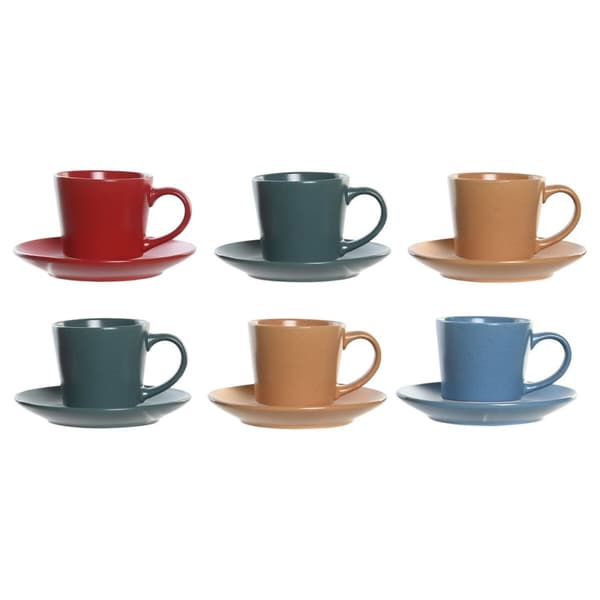 Sett med kopper og fat DKD Home Decor Gul Blå Rød Grønn Steintøy 180 ml 14 x 14 x 2 cm