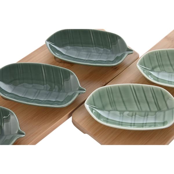 Sæt til appetizere Home ESPRIT Grøn Mørk grøn Bambus Porcelæn Tropisk 4 Dele 28,4 x 10,5 x 3 cm (2 enheder)