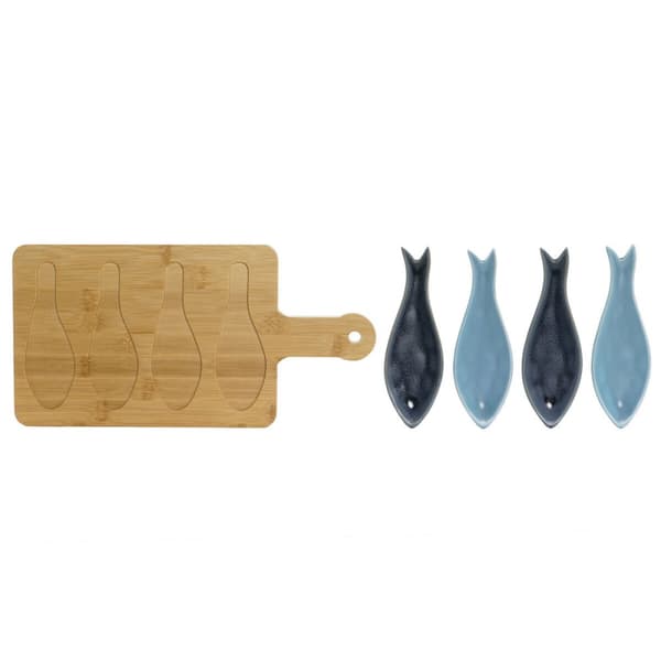 Alkuruokasetti Home ESPRIT Sininen Vihreä Laivastonsininen Bambu Posliini Välimeren Kalat 36 x 18 x 1,3 cm 5 Kappaletta