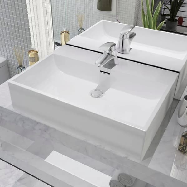 vidaXL Servant med kranhull keramisk hvit 60,5x42,5x14,5 cm